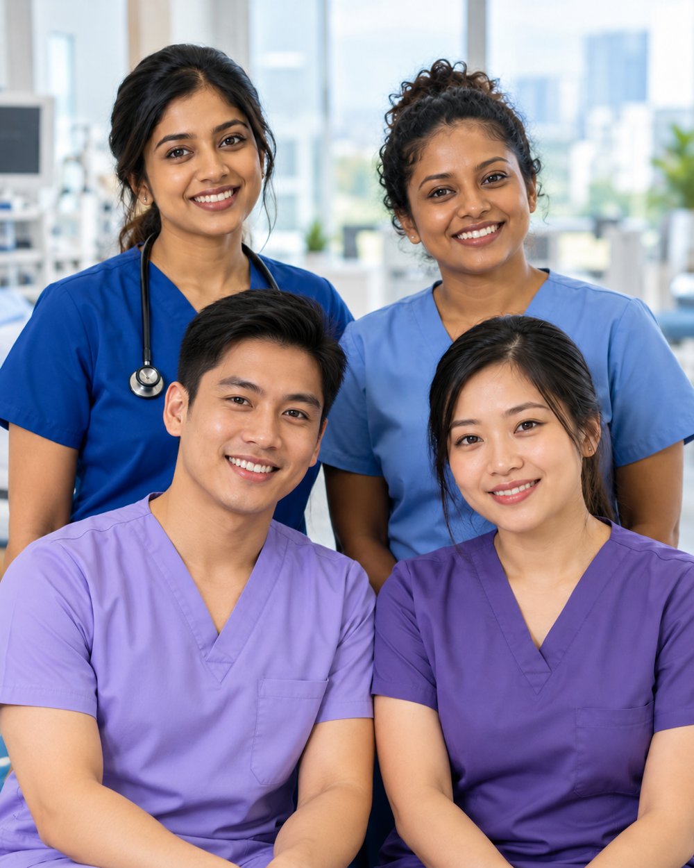 AI-created illustrative group portrait of four healthcare professionals: three women and one Vietnamese man representing India, Sri Lanka, Vietnam and China